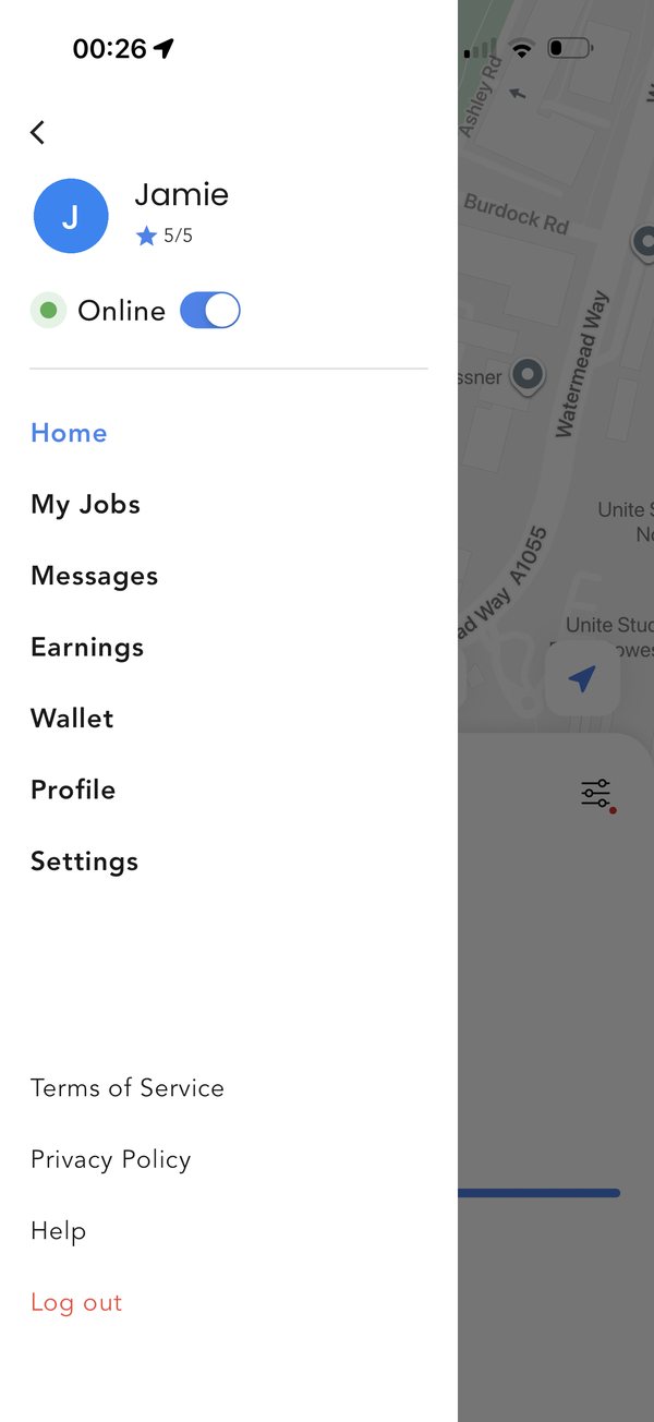 Cleaner app menu with jobs, messages, earnings and wallet